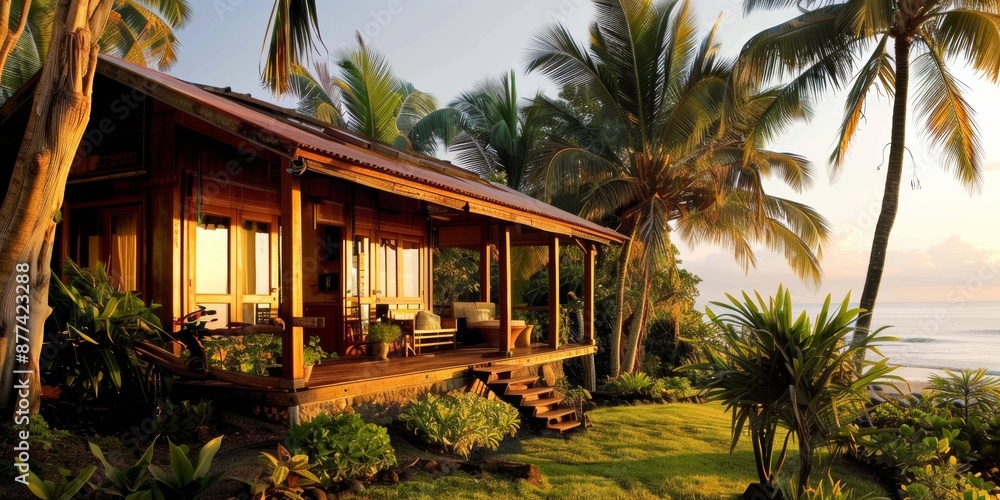 Fototapeta premium beachside bungalowocean views, sunset, nature beautyawaii calm serene landscape peaceful outdoors retreat vacation 