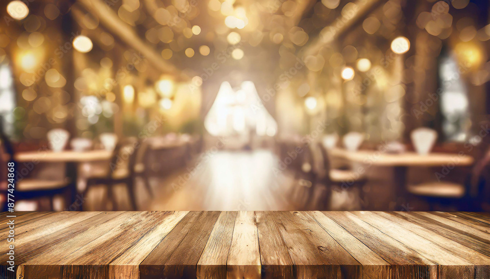 empty wood table top on blur light gold bokeh of cafe restaurant in dark background empty wood table top on blur light gold bokeh of cafe restaurant in dark background