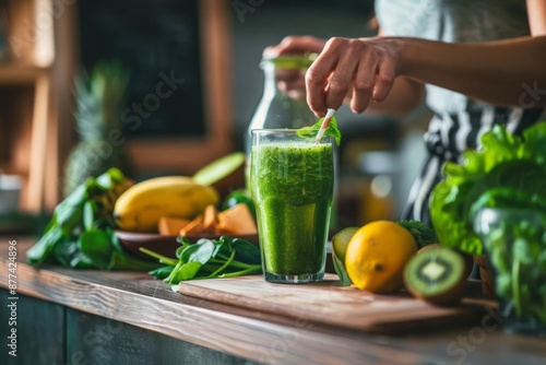 Person enjoying a freshly made smoothie sitting at a kitchen island healthy lifestyle and the pleasure of consuming nutritious food