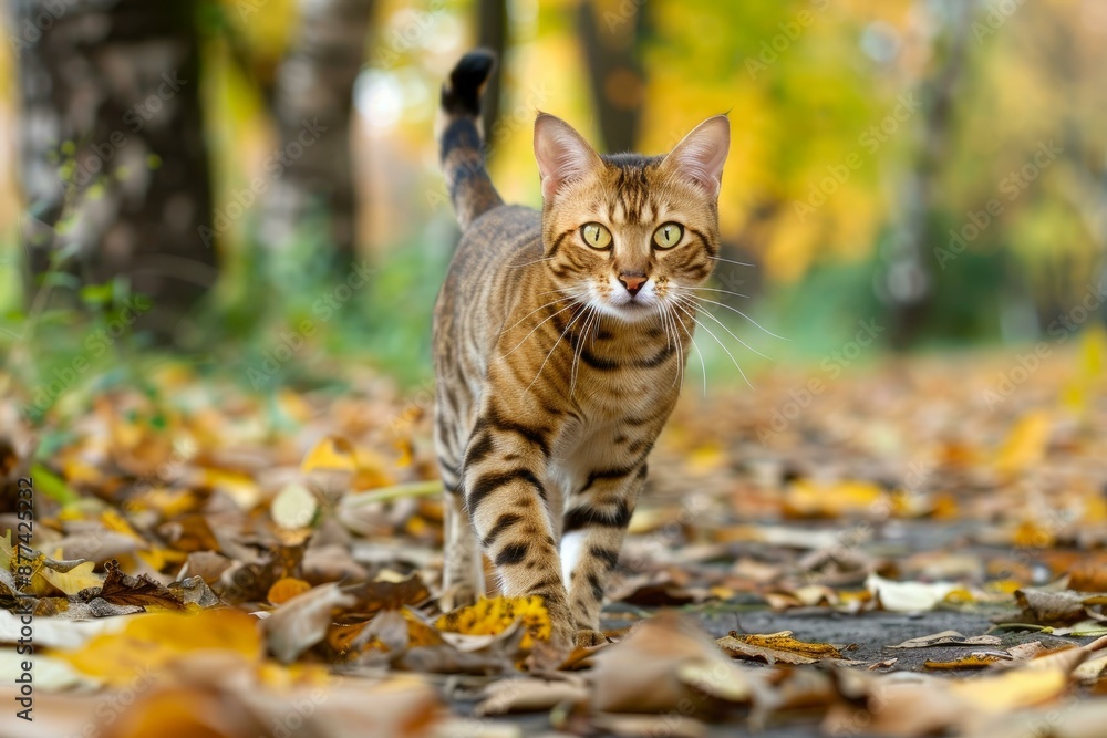 Bengal cat walking on a path covered with dry leaves in a forest during a sunny autumn day