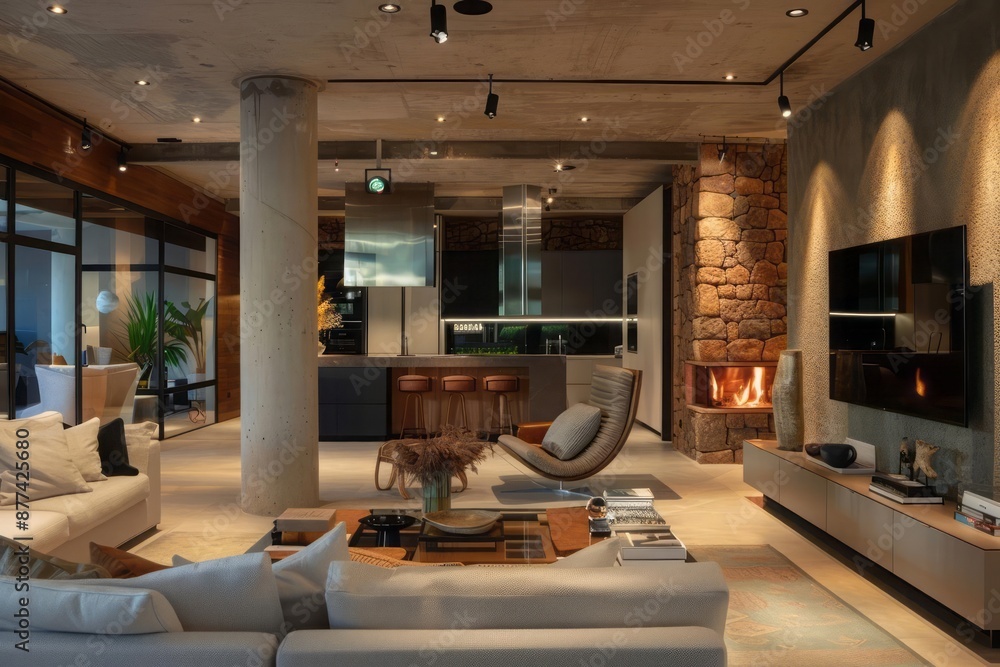 Living room column with glass texture open space natural stone wall ...