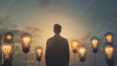 Man surrounded by lightbulbs, explosion of ideas, brainstorming for solutions, smart brain, open mind for new direction, business concept photo