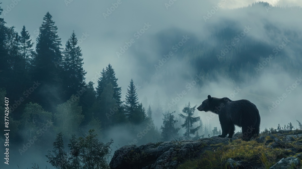 A solitary bear in a misty forest landscape, standing on a rocky terrain with tall pine trees in the background during early morning. A solitary bear in a misty forest landscape, standing on a rocky terrain with tall pine trees in the background during early morning.