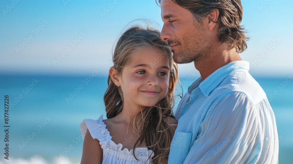 Father and daughter sharing a warm embrace at the beach, enjoying a beautiful sunny day by the ocean with clear blue skies. Father and daughter sharing a warm embrace at the beach, enjoying a beautiful sunny day by the ocean with clear blue skies.