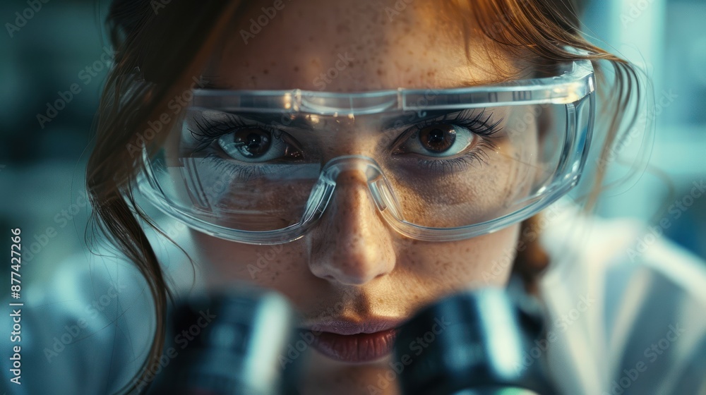 Focused scientist wearing safety goggles looking into a microscope in a modern laboratory, conducting research and experiments. Focused scientist wearing safety goggles looking into a microscope in a modern laboratory, conducting research and experiments.