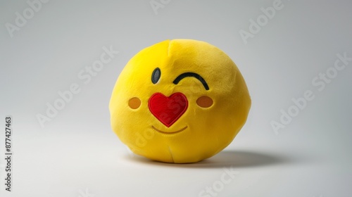 A single yellow emoji plush toy with a kissing face and a red heart, centered on a solid white background.