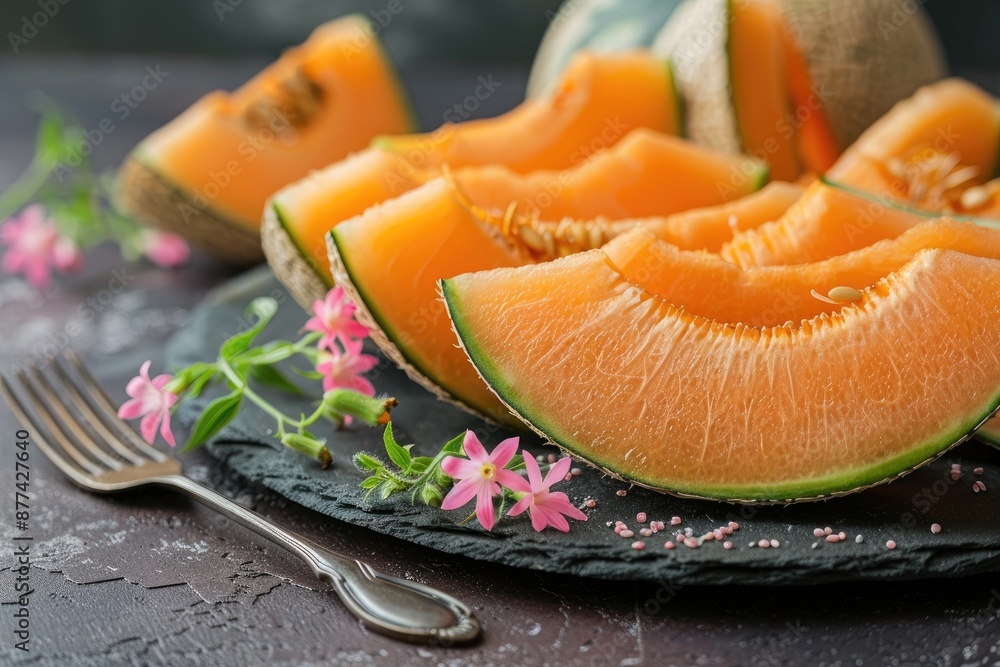 Sliced orange melon pieces arranged on a dark slate surface Sliced orange melon pieces arranged on a dark slate surface