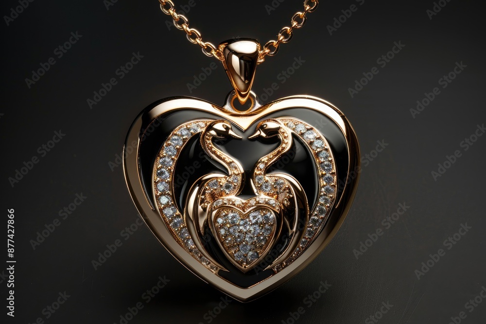 Elegant pendant showing two swans forming a heart shape. Elegant pendant showing two swans forming a heart shape.