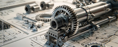 Precision and complexity of mechanical engineering design showcased in technical drawing of metal gear system © ALEXSTUDIO