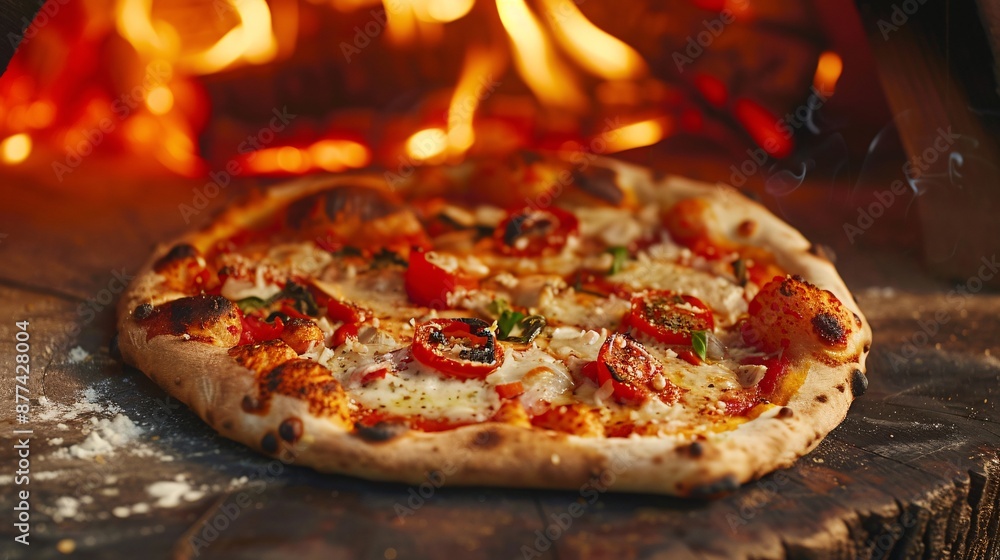 Close-up view of a pizza baking in a traditional Italian oven. Close-up view of a pizza baking in a traditional Italian oven.