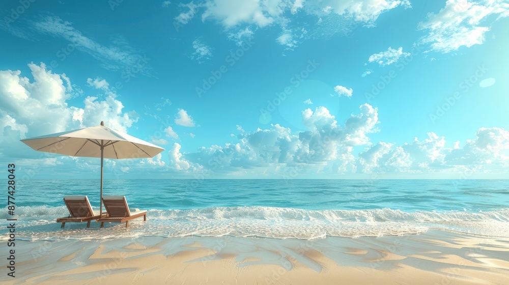 Serene beach scene with two lounge chairs under an umbrella facing the calm ocean under a bright blue sky with fluffy clouds. Serene beach scene with two lounge chairs under an umbrella facing the calm ocean under a bright blue sky with fluffy clouds.