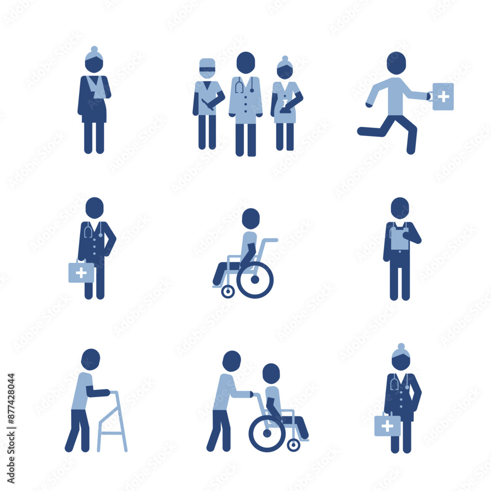 Disability people care activities icon set, simple blue flat style. Medical pictograms characters. Disability people care activities icon set, simple blue flat style. Medical pictograms characters.