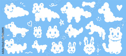 Illustration of white clouds in the shape of animals on light blue background. for baby and child kawaii face