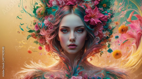A woman with pink and teal hair is adorned with a crown of vibrant flowers, her eyes gazing intently at the viewer