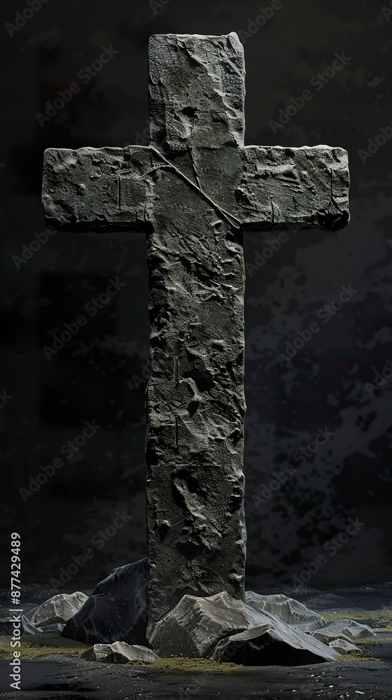 A large cross carved in stone with intricate and historic details. Cross carved in stone with a rough surface in a dark environment. A large cross carved in stone with intricate and historic details. Cross carved in stone with a rough surface in a dark environment.