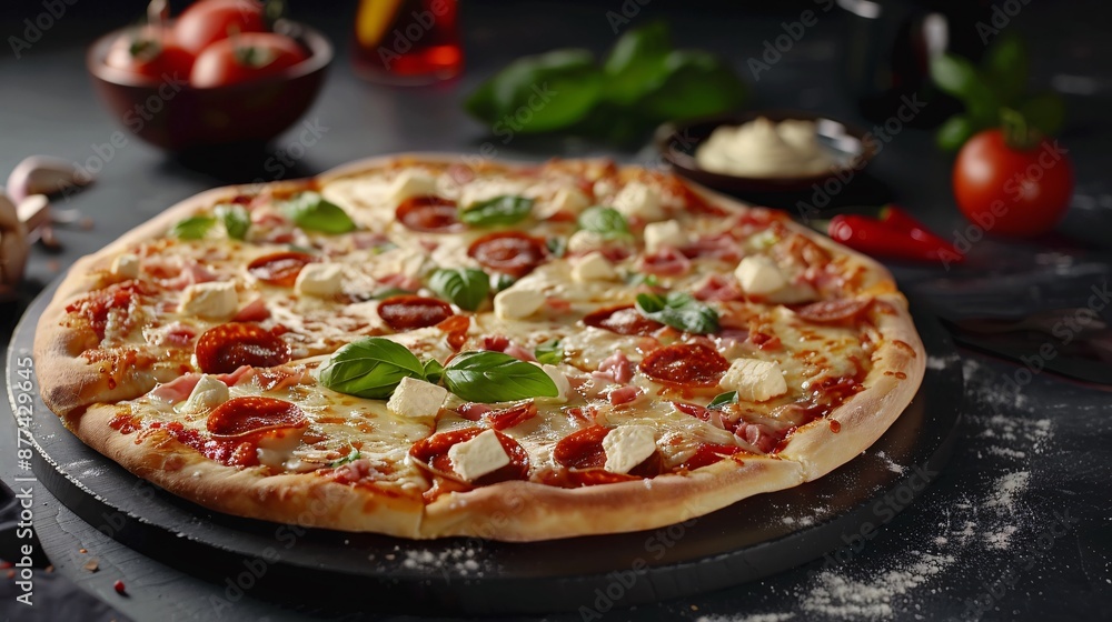 Close-up view of a delicious pizza topped generously with mozzarella. Close-up view of a delicious pizza topped generously with mozzarella.