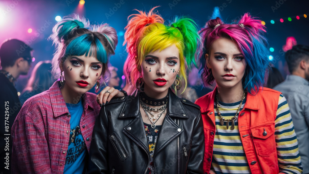 Obraz premium Three young women with vibrant hair colors pose together at a nightclub, the focus on their colorful hair and playful expressions