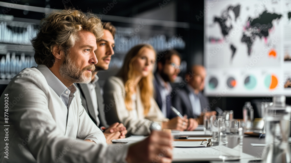 A group of business professionals sit around a table, intently listening to a presentation. A world map and charts are visible in the background, suggesting a discussion about international markets A group of business professionals sit around a table, intently listening to a presentation. A world map and charts are visible in the background, suggesting a discussion about international markets