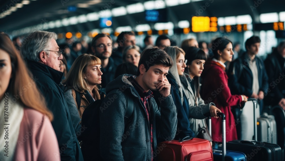 Fototapeta premium A diverse group of travelers stands patiently in a bustling airport departure lounge, each lost in their own thoughts as they wait for their flight