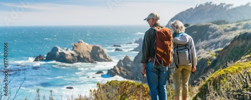 Two older people are walking on a beach with a view of the ocean. Free copy space.
