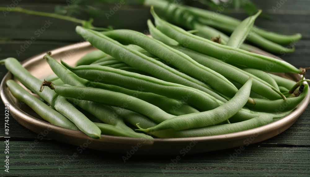green beans on wooden table , generated by AI. High quality photo green beans on wooden table , generated by AI. High quality photo