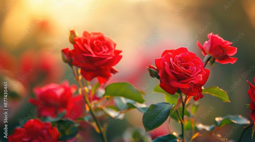 Fototapeta premium Vivid red roses in garden at macro level