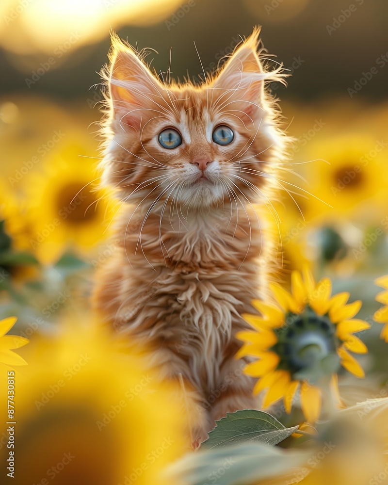 Adorable Fluffy Orange Kitten in Blooming Sunflower Field at Sunset, Cat Day, Soft Background and Warm Lighting, Capturing Nature's Beauty and Serenity Adorable Fluffy Orange Kitten in Blooming Sunflower Field at Sunset, Cat Day, Soft Background and Warm Lighting, Capturing Nature's Beauty and Serenity