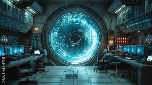 Fototapeta Naklejka Na Ścianę i Meble -  A futuristic spaceship control room with a large circular window, glowing blue, showing an unknown location.
