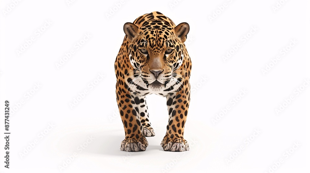 Naklejka premium Isolated jaguar with distinctive rosette markings on a white background.