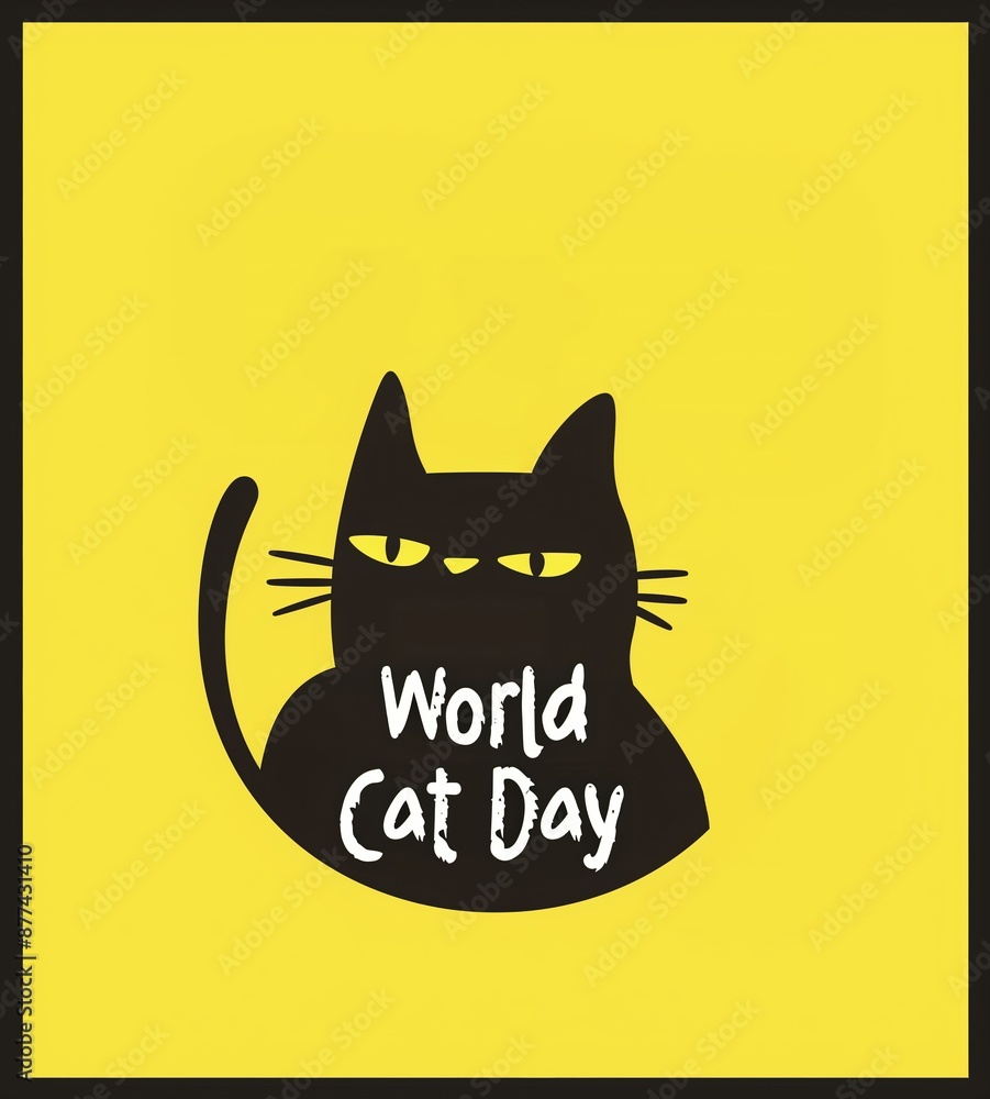 World Cat Day Poster with Black Cat Silhouette on Yellow Background Celebrating Feline Love and Appreciation with Simple Modern Design for Holiday Signage and Decorative Displays World Cat Day Poster with Black Cat Silhouette on Yellow Background Celebrating Feline Love and Appreciation with Simple Modern Design for Holiday Signage and Decorative Displays