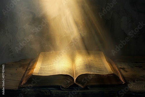 Open antique book receiving light rays from above illuminating its pages, on a wooden surface