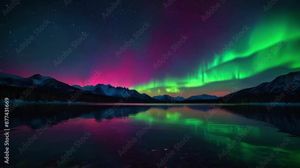 A lake in the far north, where the Northern Lights dance across the sky ...