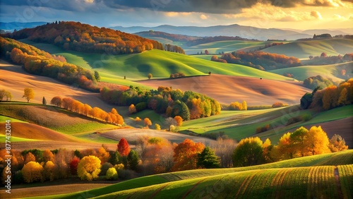 Scenic view of rolling hills in autumn colors under cloudy sky © melandaaini