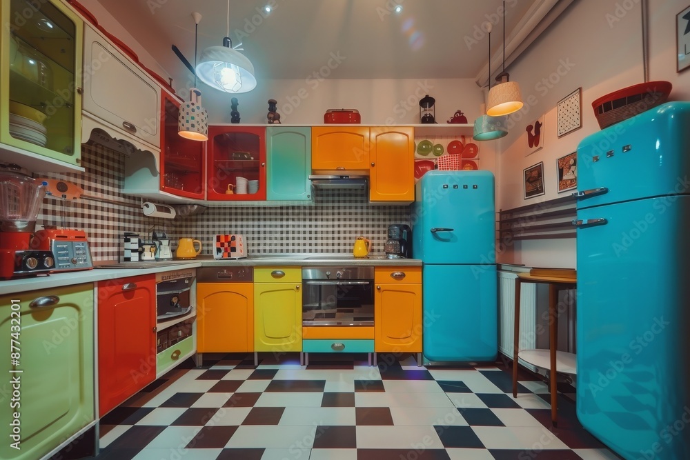 Brightly Colored Kitchen With Retro Appliances and Checkered Floor Brightly Colored Kitchen With Retro Appliances and Checkered Floor