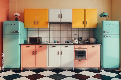 Retro Kitchen Interior With Teal and Pink Cabinets, Checkered Floor and Appliances photo