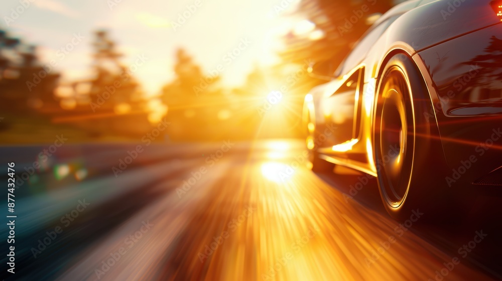 High-speed sports car driving on a scenic road during a sunset, capturing motion blur and vibrant colors. High-speed sports car driving on a scenic road during a sunset, capturing motion blur and vibrant colors.