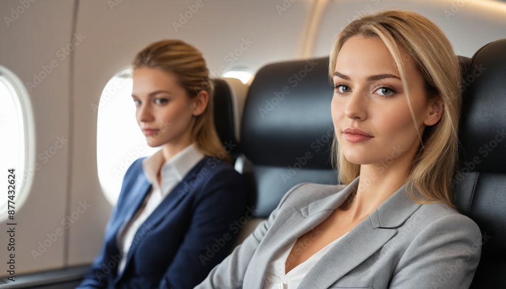A moment of calm before takeoff: blonde woman in white shirt awaits departure in airplane cabin A moment of calm before takeoff: blonde woman in white shirt awaits departure in airplane cabin