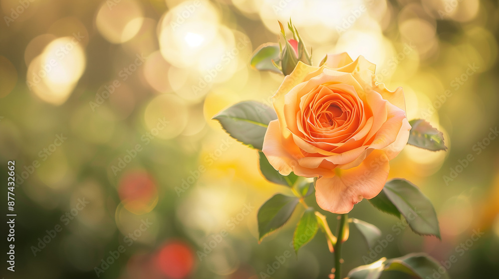 A beautiful garden scene with blooming peach roses illuminated by warm, golden sunlight, creating a serene and romantic atmosphere.