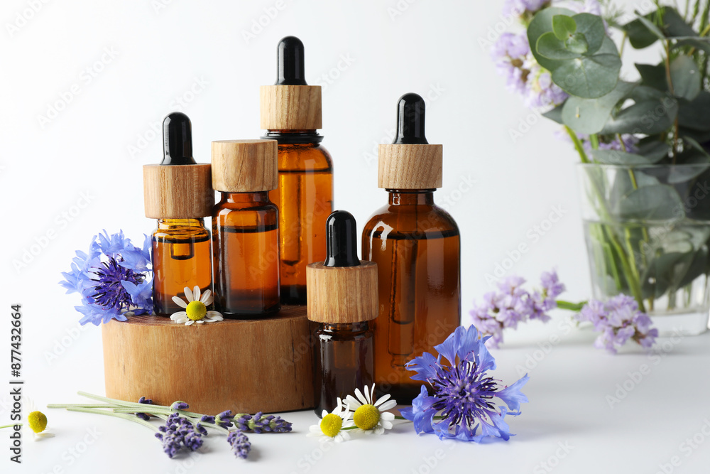 Aromatherapy. Different essential oils, eucalyptus leaves and flowers on white background Aromatherapy. Different essential oils, eucalyptus leaves and flowers on white background