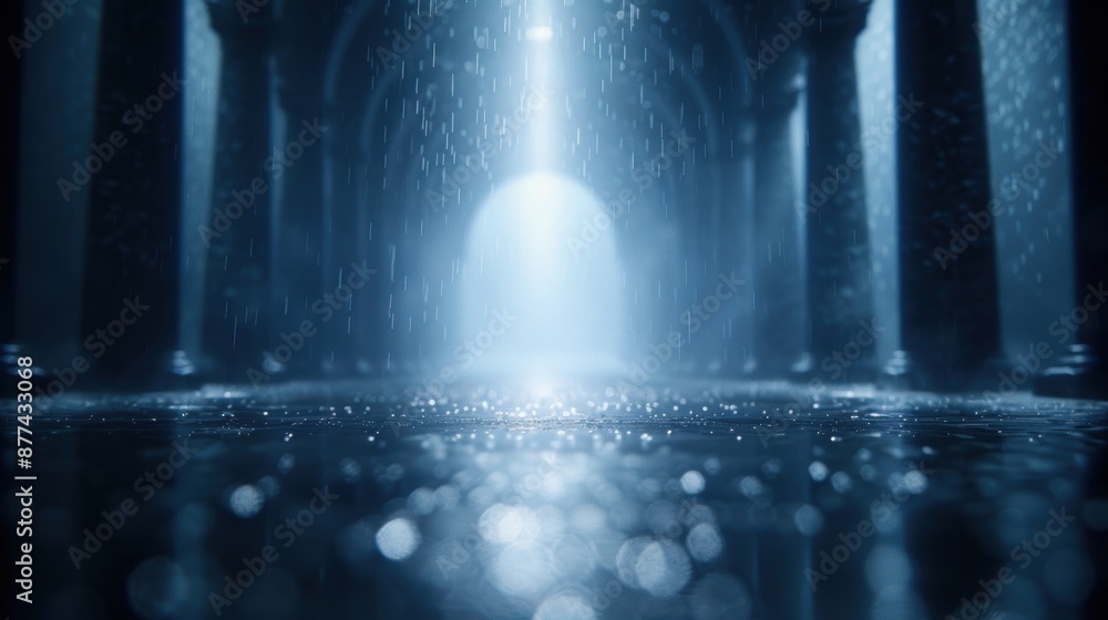 Ethereal scene of light streaming through a dark, wet corridor, reflecting off puddles and creating a mystical atmosphere. Ethereal scene of light streaming through a dark, wet corridor, reflecting off puddles and creating a mystical atmosphere.