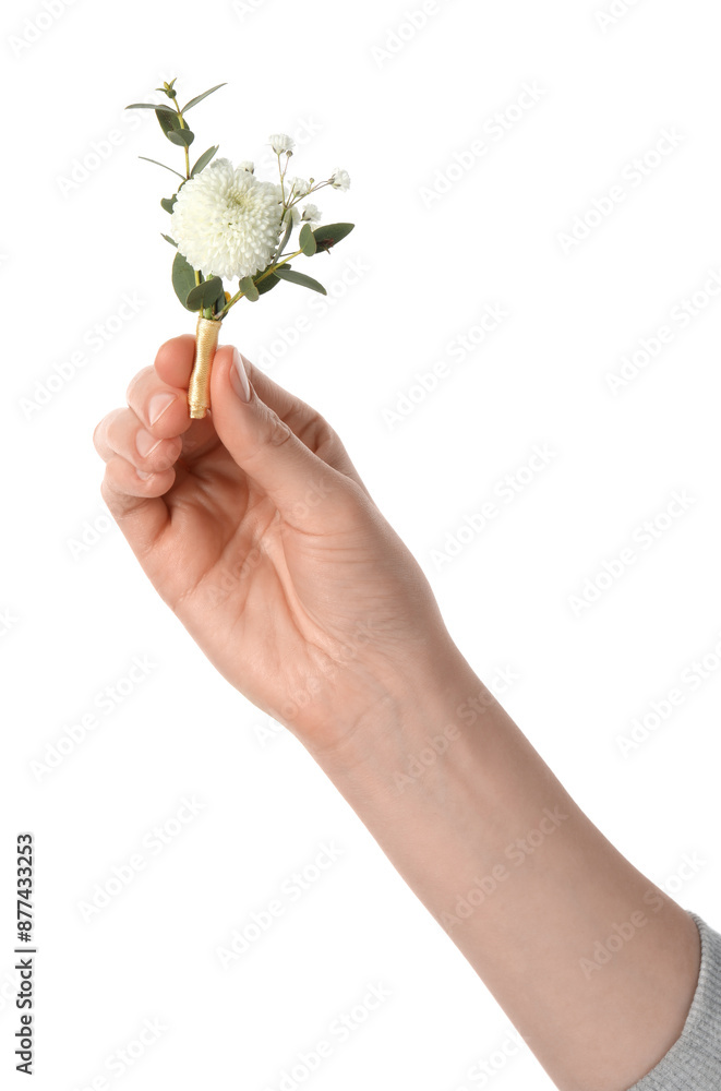 Woman holding stylish boutonniere on white background, closeup Woman holding stylish boutonniere on white background, closeup