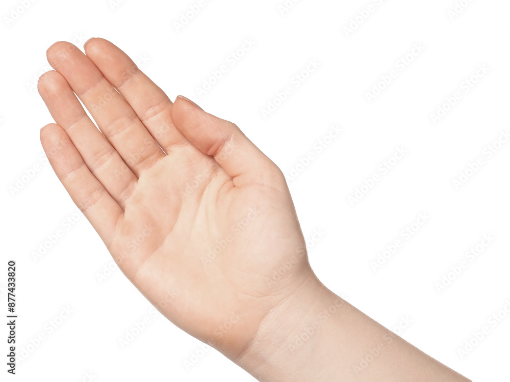 Woman showing hand on white background, closeup Woman showing hand on white background, closeup