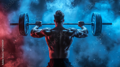 Back of strong muscular man lifting weights barbell for workout with colorful smoke background.
