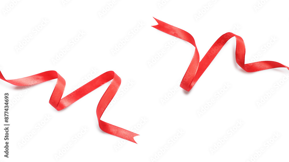 Two beautiful red ribbons isolated on white, top view Two beautiful red ribbons isolated on white, top view