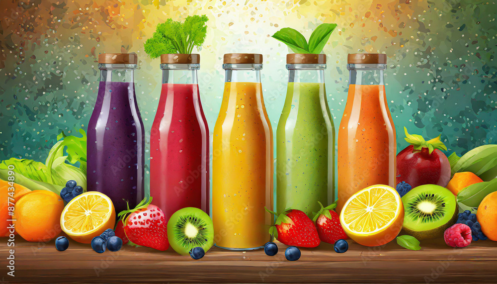 Fresh fruit and vegetable smoothies or juice in bottles with various ingredients around Fresh fruit and vegetable smoothies or juice in bottles with various ingredients around
