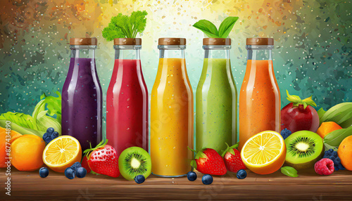 Fresh fruit and vegetable smoothies or juice in bottles with various ingredients around