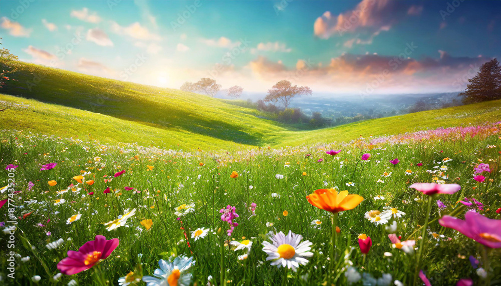 Landscape of meadow with wildflowers and mountains in background, beautiful of a meadow full of wildflowers Landscape of meadow with wildflowers and mountains in background, beautiful of a meadow full of wildflowers