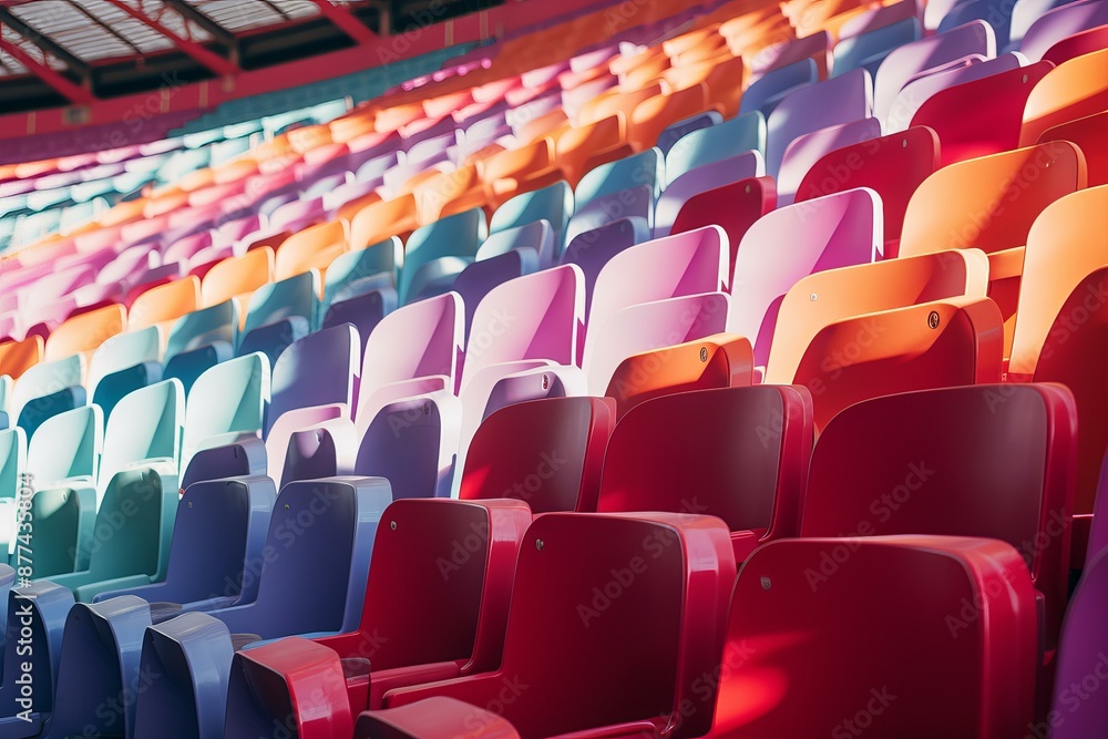 Fototapeta premium Vibrant multicolored seats in a sun-bathed sports stadium, showcasing empty spectator area