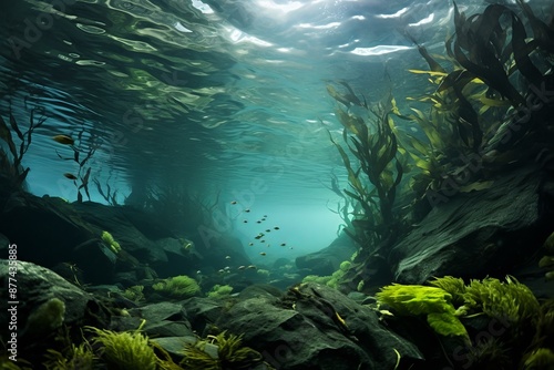 Peaceful underwater scene with vivid aquatic plants and a small group of fish swimming