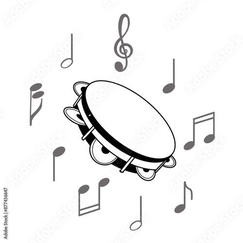 Musical instrument - tambourine, notes. Vector illustration. All objects are hand-drawn in black in vector. Suitable for printing on invitations, posters, cards.